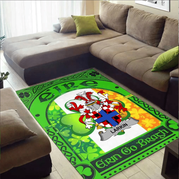 Ireland Area Rug - Larkin or O'Larkin Family Crest Area Rug - Irish Shamrock With Ireland Flag - Image 2