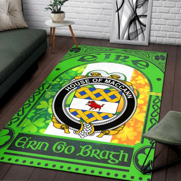 Ireland Area Rug - House of MACCANN Family Crest Area Rug - Irish Shamrock With Ireland Flag