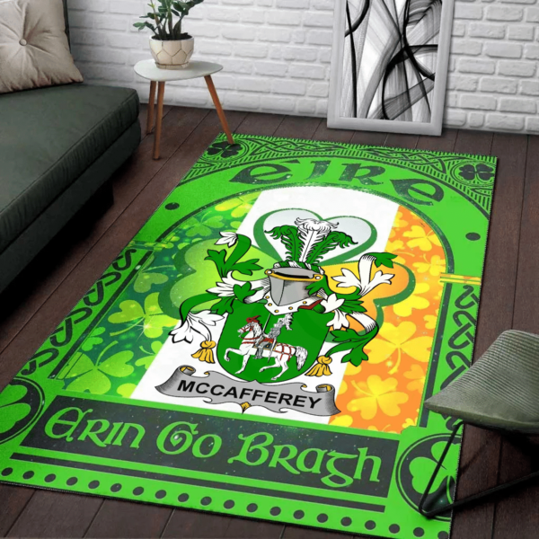 Ireland Area Rug - McCafferey or McCaffrey Family Crest Area Rug - Irish Shamrock With Ireland Flag