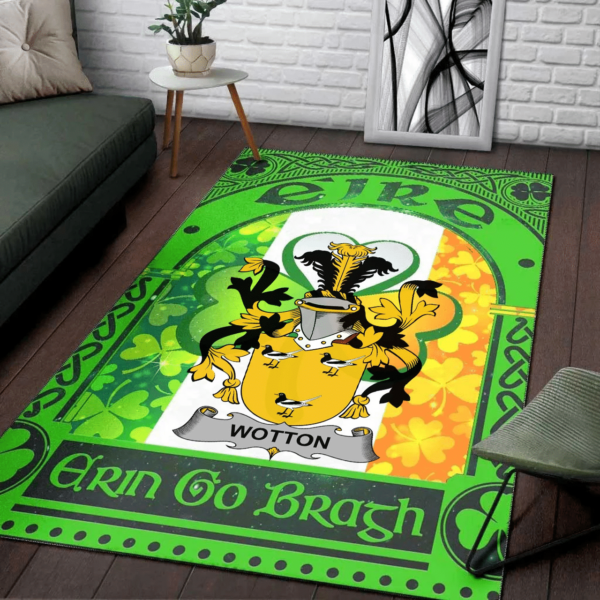 Ireland Area Rug - Wotton Family Crest Area Rug - Irish Shamrock With Ireland Flag