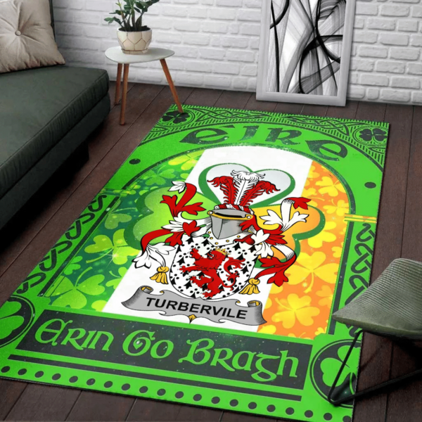 Ireland Area Rug - Tubervile or Tuberville Family Crest Area Rug - Irish Shamrock With Ireland Flag