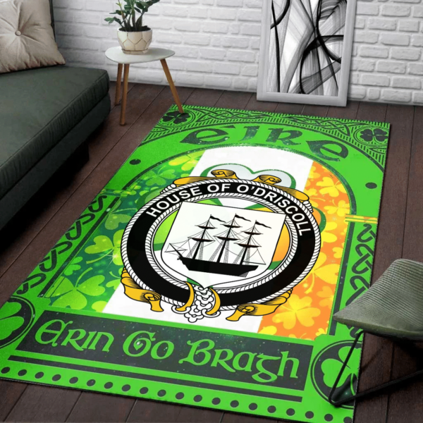 Ireland Area Rug - House of O'DRISCOLL Family Crest Area Rug - Irish Shamrock With Ireland Flag