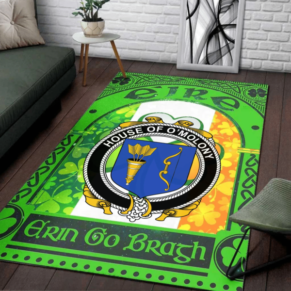 Ireland Area Rug - House of O'MOLONY Family Crest Area Rug - Irish Shamrock With Ireland Flag