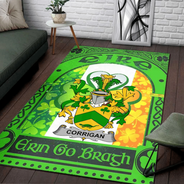 Ireland Area Rug - Corrigan or O'Corrigan Family Crest Area Rug - Irish Shamrock With Ireland Flag