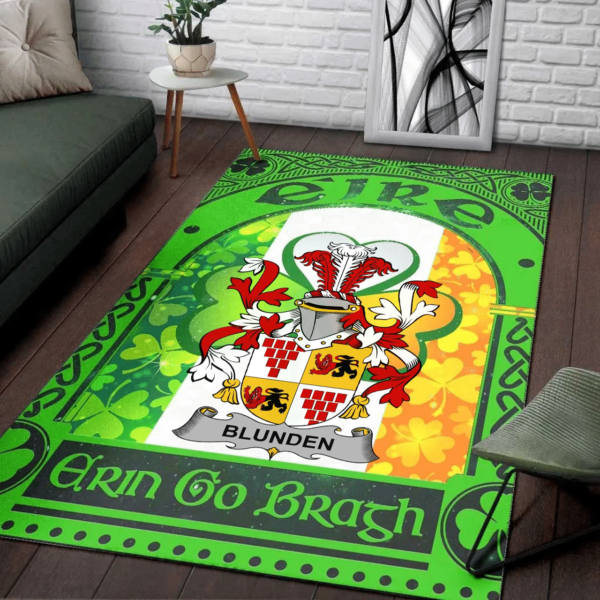 Ireland Area Rug - Blunden Family Crest Area Rug - Irish Shamrock With Ireland Flag