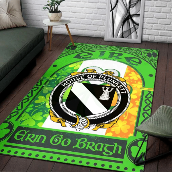 Ireland Area Rug - House of PLUNKETT Family Crest Area Rug - Irish Shamrock With Ireland Flag