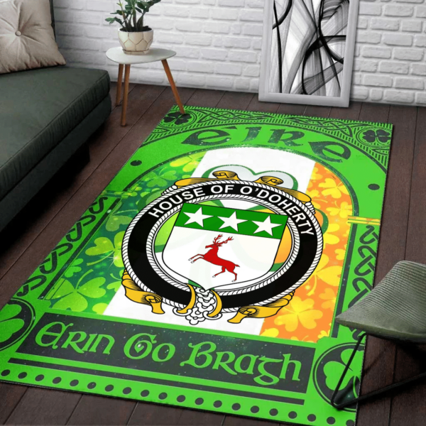 Ireland Area Rug - House of O'DOHERTY Family Crest Area Rug - Irish Shamrock With Ireland Flag