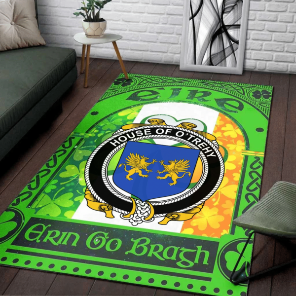 Ireland Area Rug - House of O'TREHY (Troy) Family Crest Area Rug - Irish Shamrock With Ireland Flag