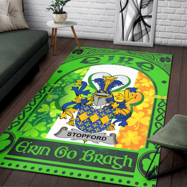 Ireland Area Rug - Stopford Family Crest Area Rug - Irish Shamrock With Ireland Flag