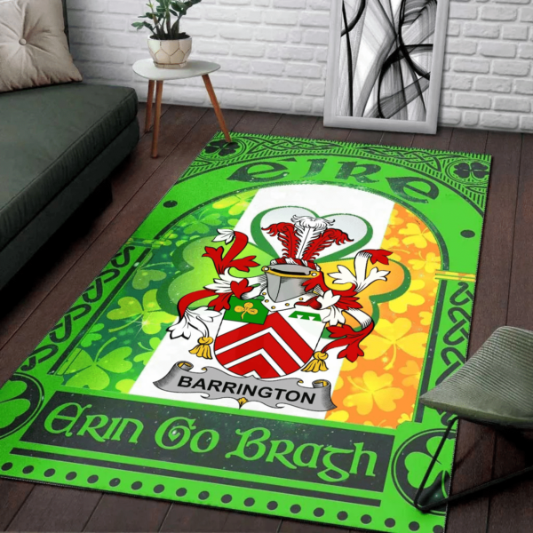 Ireland Area Rug - Barrington Family Crest Area Rug - Irish Shamrock With Ireland Flag