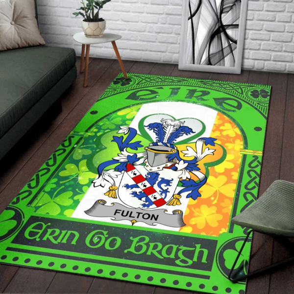 Ireland Area Rug - Fulton Family Crest Area Rug - Irish Shamrock With Ireland Flag