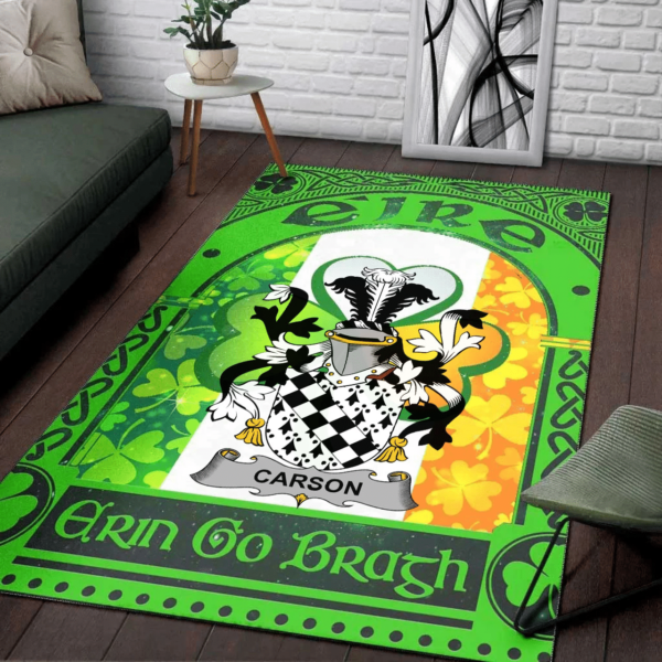 Ireland Area Rug - Carson Family Crest Area Rug - Irish Shamrock With Ireland Flag