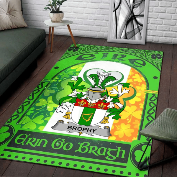 Ireland Area Rug - Brophy or O'Brophy Family Crest Area Rug - Irish Shamrock With Ireland Flag