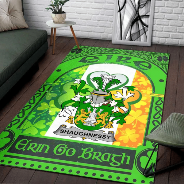 Ireland Area Rug - Shaughnessy or O'Shaughnessy Family Crest Area Rug - Irish Shamrock With Ireland Flag