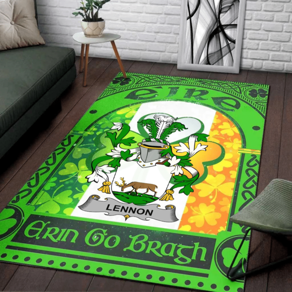 Ireland Area Rug - Lennon or O'Lennon Family Crest Area Rug - Irish Shamrock With Ireland Flag