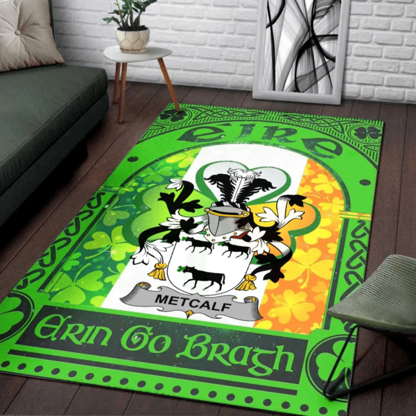 Ireland Area Rug - Metcalf or Metcalfe Family Crest Area Rug - Irish Shamrock With Ireland Flag