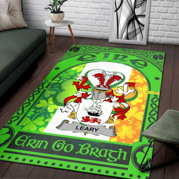 Ireland Area Rug - Leary or O'Leary Family Crest Area Rug - Irish Shamrock With Ireland Flag