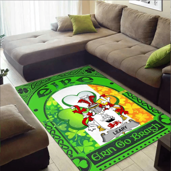 Ireland Area Rug - Leary or O'Leary Family Crest Area Rug - Irish Shamrock With Ireland Flag - Image 2