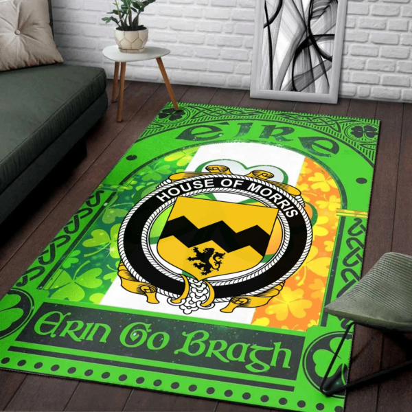 Ireland Area Rug - House of MORRIS Family Crest Area Rug - Irish Shamrock With Ireland Flag