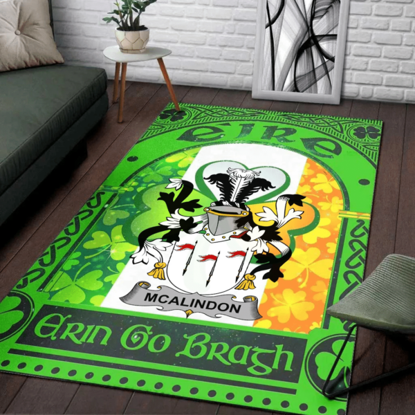 Ireland Area Rug - McAlindon or McAlindem Family Crest Area Rug - Irish Shamrock With Ireland Flag