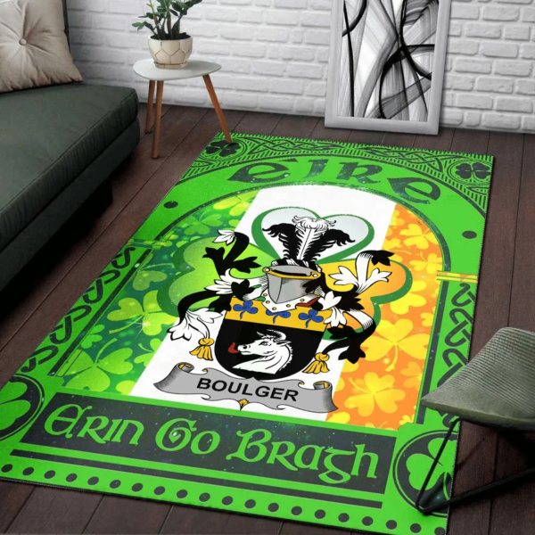 Ireland Area Rug - Boulger or O'Bolger Family Crest Area Rug - Irish Shamrock With Ireland Flag