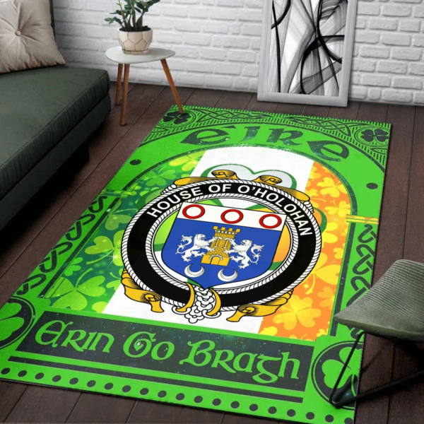 Ireland Area Rug - House of O'HOLOHAN Family Crest Area Rug - Irish Shamrock With Ireland Flag