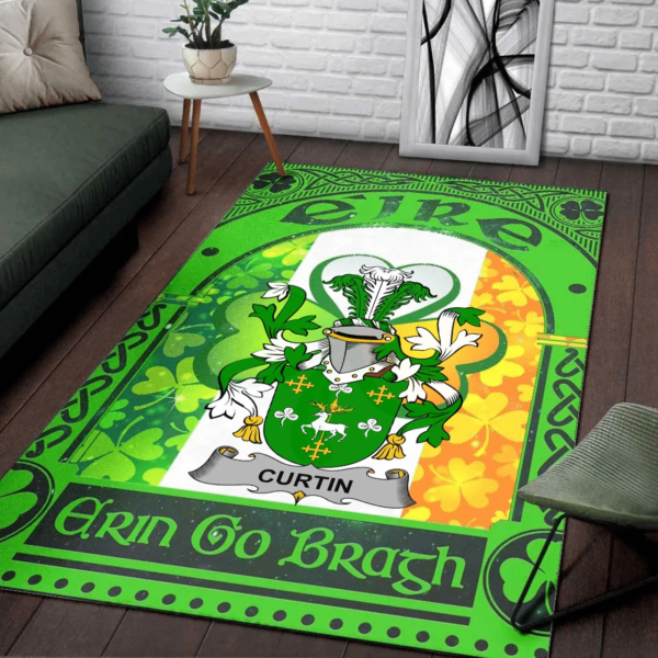 Ireland Area Rug - Curtin or McCurtin Family Crest Area Rug - Irish Shamrock With Ireland Flag