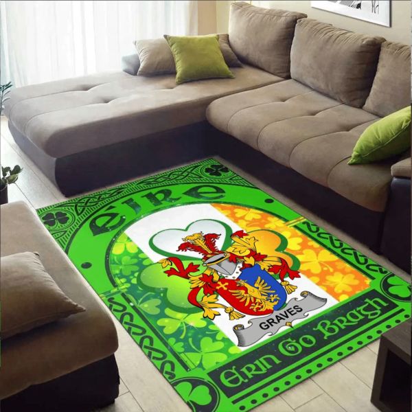 Ireland Area Rug - Graves or Greaves Family Crest Area Rug - Irish Shamrock With Ireland Flag - Image 2