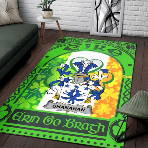 Ireland Area Rug - Shanahan or O'Shanahan Family Crest Area Rug - Irish Shamrock With Ireland Flag