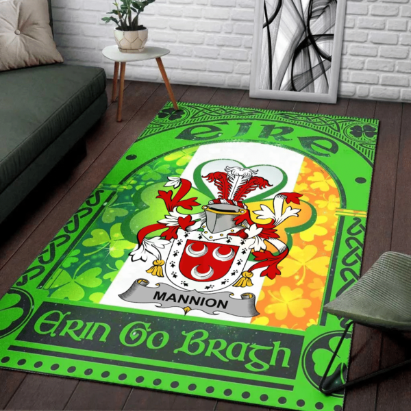 Ireland Area Rug - Mannion or O'Mannion Family Crest Area Rug - Irish Shamrock With Ireland Flag