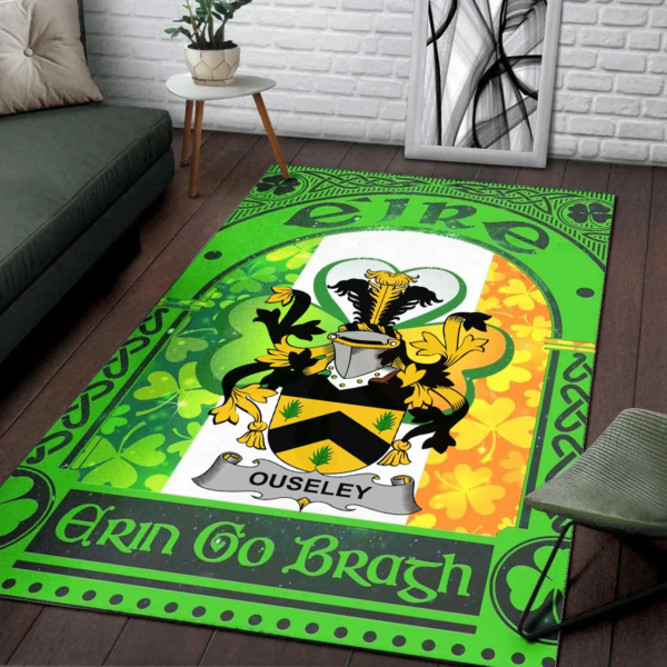 Ireland Area Rug - Ouseley Family Crest Area Rug - Irish Shamrock With Ireland Flag