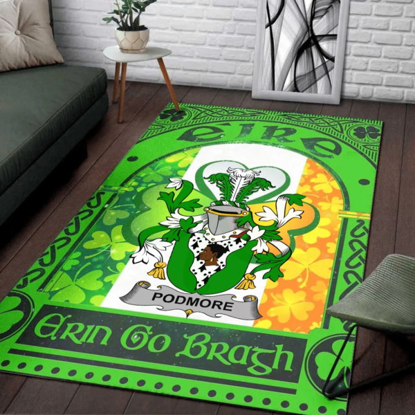 Ireland Area Rug - Podmore Family Crest Area Rug - Irish Shamrock With Ireland Flag