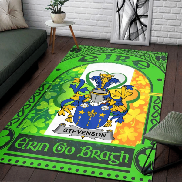 Ireland Area Rug - Stevenson Family Crest Area Rug - Irish Shamrock With Ireland Flag