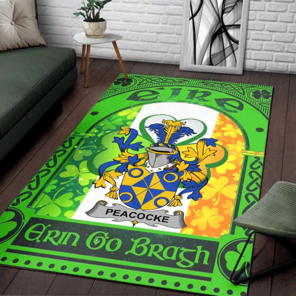 Ireland Area Rug - Peacocke Family Crest Area Rug - Irish Shamrock With Ireland Flag