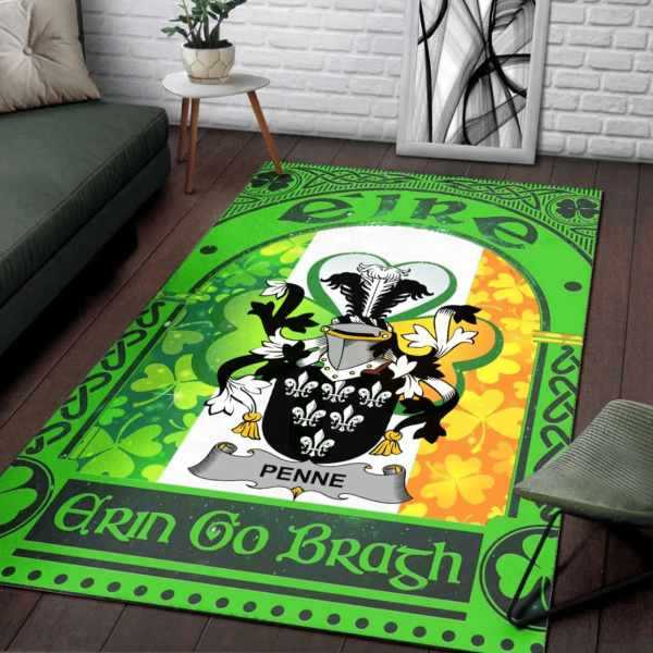 Ireland Area Rug - Penne or Penn Family Crest Area Rug - Irish Shamrock With Ireland Flag