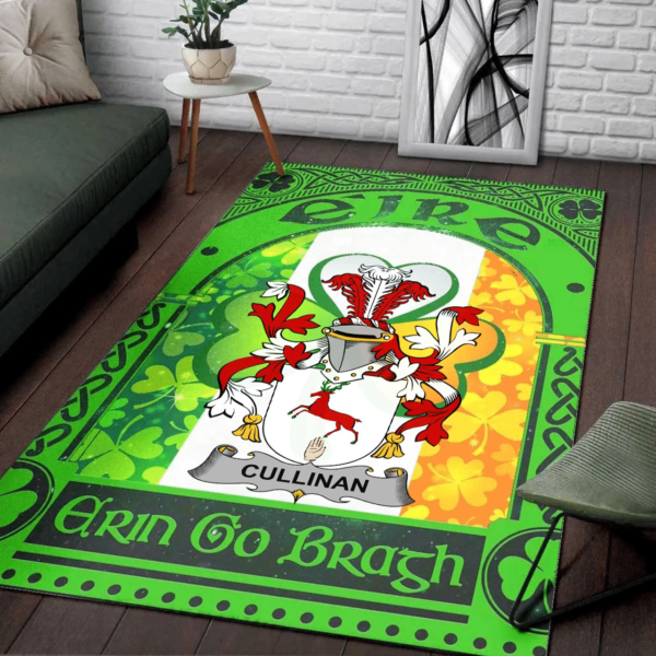 Ireland Area Rug - Cullinan or O'Cullinane Family Crest Area Rug - Irish Shamrock With Ireland Flag