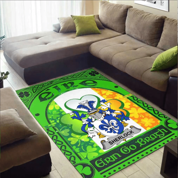 Ireland Area Rug - Sherlock Family Crest Area Rug - Irish Shamrock With Ireland Flag - Image 2