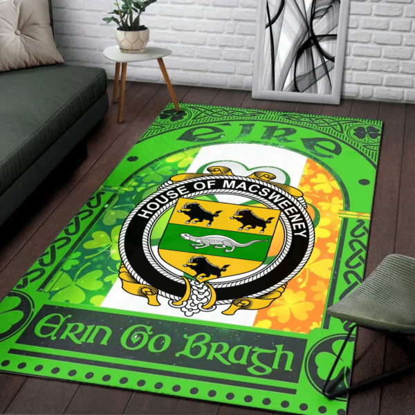 Ireland Area Rug - House of MACSWEENEY Family Crest Area Rug - Irish Shamrock With Ireland Flag