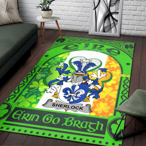 Ireland Area Rug - Sherlock Family Crest Area Rug - Irish Shamrock With Ireland Flag