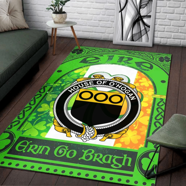 Ireland Area Rug - House of O'HOGAN Family Crest Area Rug - Irish Shamrock With Ireland Flag