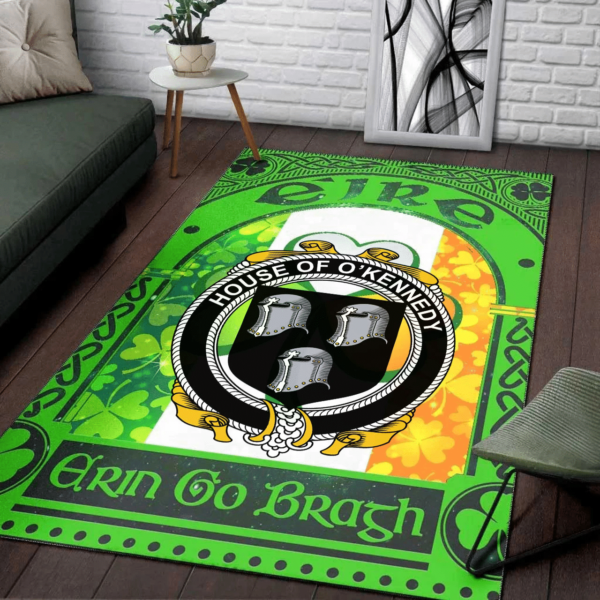 Ireland Area Rug - House of O'KENNEDY Family Crest Area Rug - Irish Shamrock With Ireland Flag