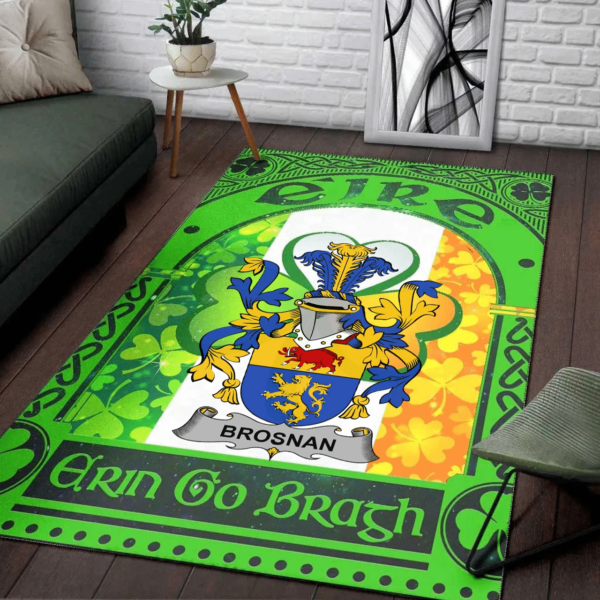 Ireland Area Rug - Brosnan or O'Brosnan Family Crest Area Rug - Irish Shamrock With Ireland Flag