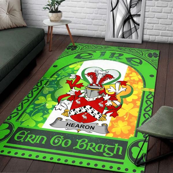 Ireland Area Rug - Hearon or Hearn Family Crest Area Rug - Irish Shamrock With Ireland Flag