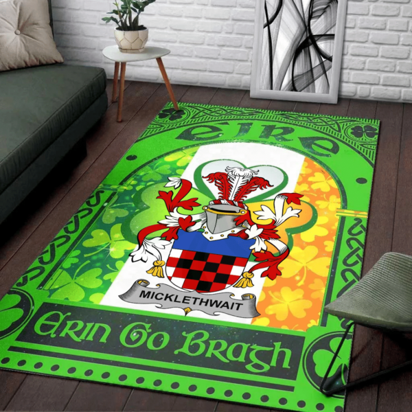 Ireland Area Rug - Micklethwait Family Crest Area Rug - Irish Shamrock With Ireland Flag