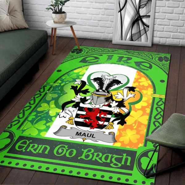 Ireland Area Rug - Maul or Maule Family Crest Area Rug - Irish Shamrock With Ireland Flag