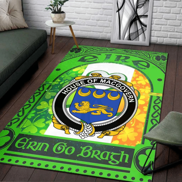 Ireland Area Rug - House of MACGOVERN Family Crest Area Rug - Irish Shamrock With Ireland Flag