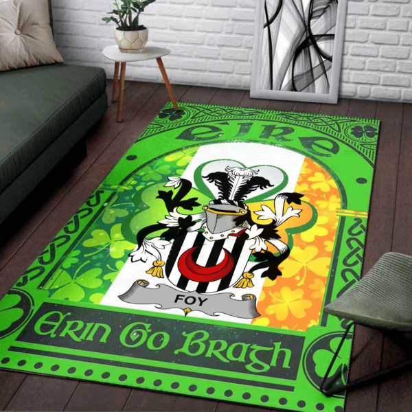 Ireland Area Rug - Foy or O'Fie Family Crest Area Rug - Irish Shamrock With Ireland Flag