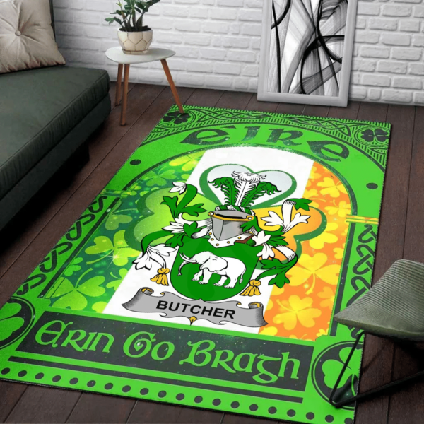 Ireland Area Rug - Butcher Family Crest Area Rug - Irish Shamrock With Ireland Flag