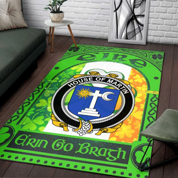 Ireland Area Rug - House of MARTIN Family Crest Area Rug - Irish Shamrock With Ireland Flag