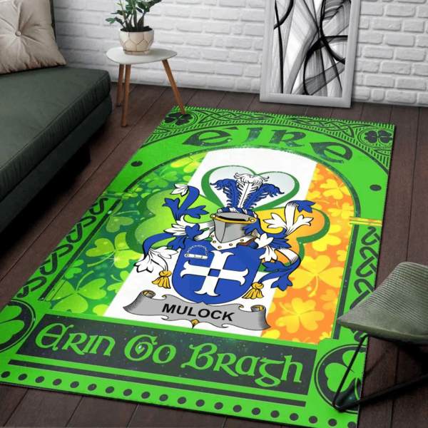 Ireland Area Rug - Mulock or Mullock Family Crest Area Rug - Irish Shamrock With Ireland Flag